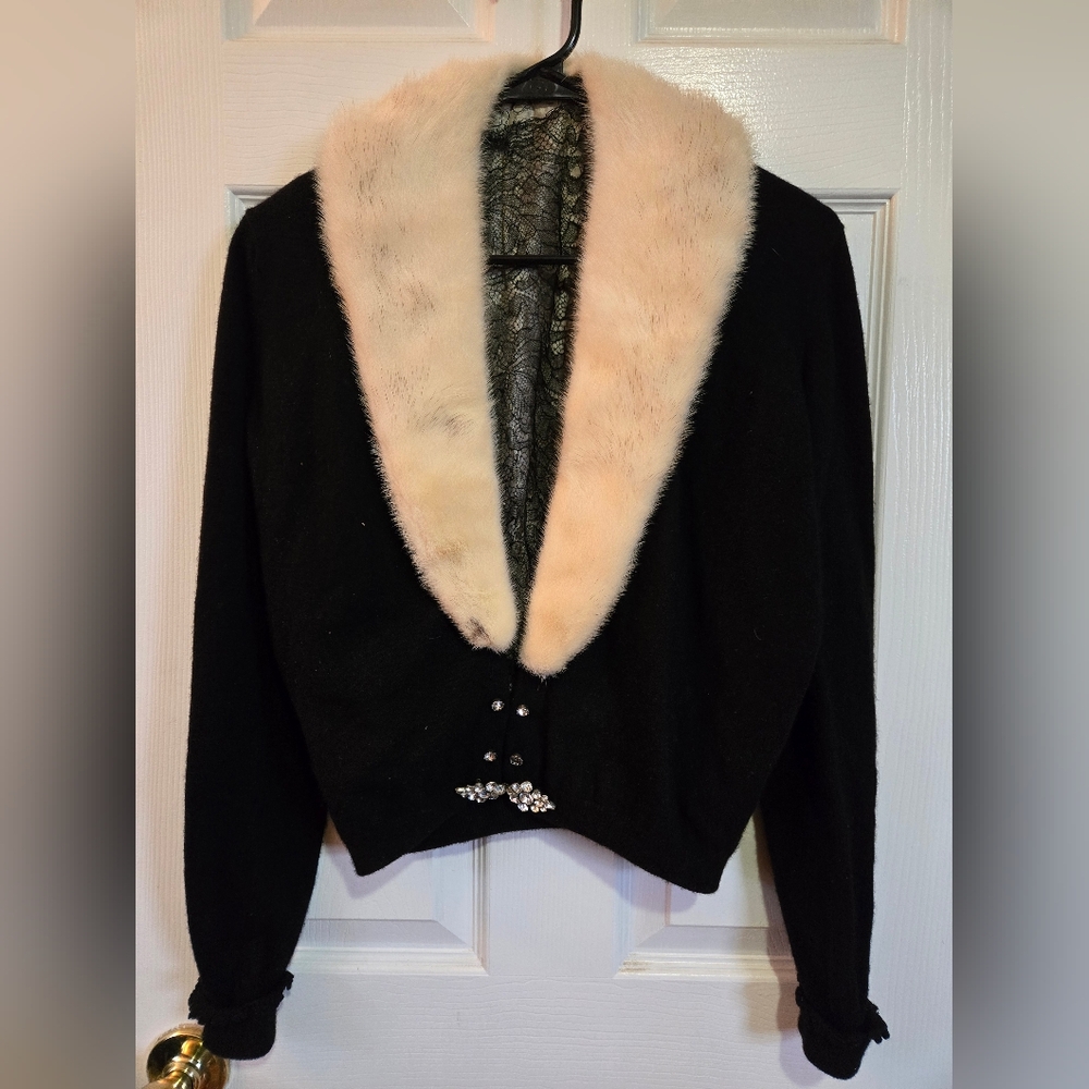 Vintage Black Cashmere Sweater Cardigan with Cream Mink Fur Collar